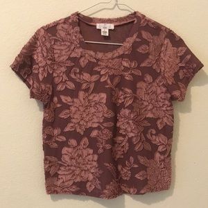 Mauve mesh top with velvet flower design